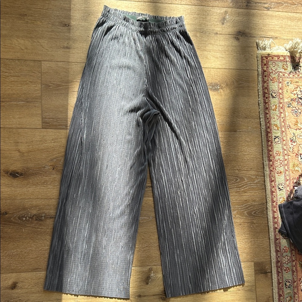 Zara Women’s Silver-Grey Pleated Silky High-Waisted Pants, Size S, Ankle Length